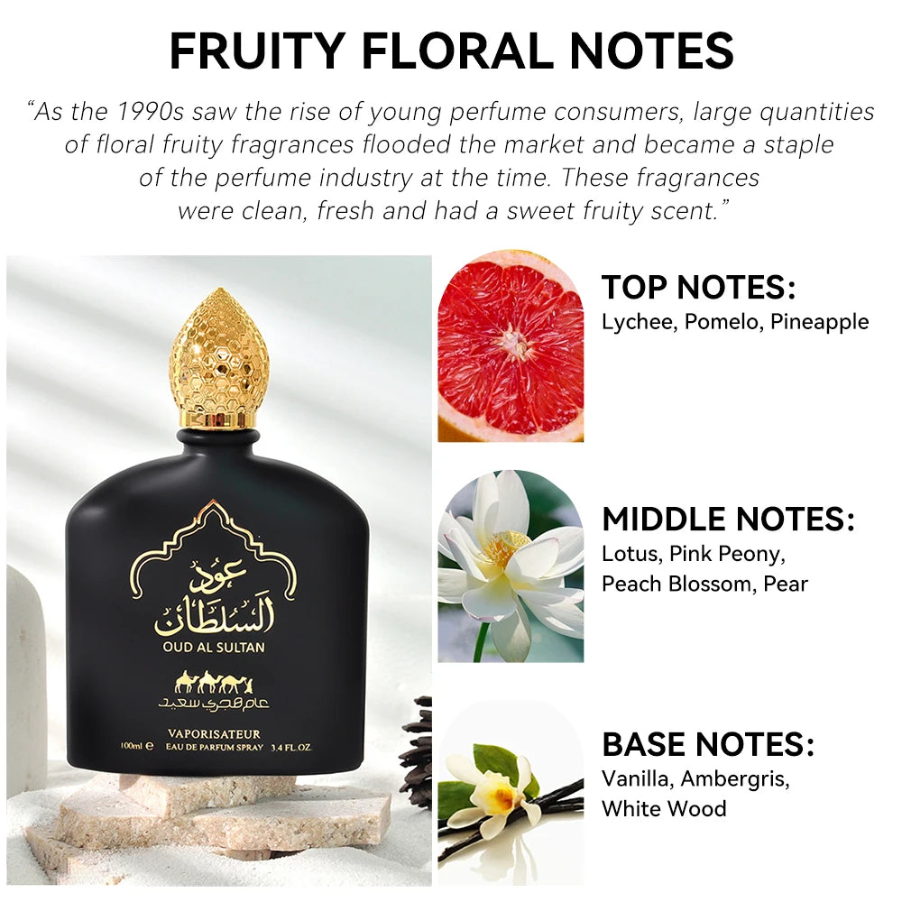 100ML 3.4FL.OZ Oud Al Sultan Arabian Perfume Unisex Strong Fruity Floral Fragrance Eau De Parfum Long Lasting for Women & Men